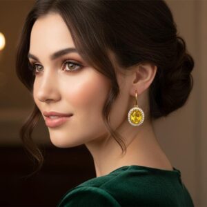 עגילי חישוק נפתחים עם ספיר צהוב אובלי והילה יהלומים